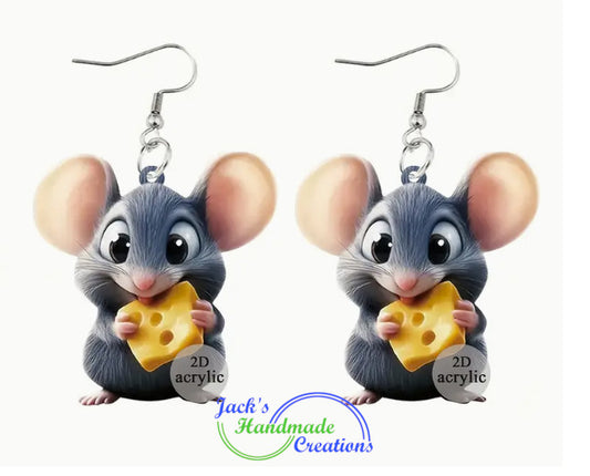 1 Pair Cute Cartoon Mouse Earrings with Cheese, 2D Acrylic Drop Dangle Earrings