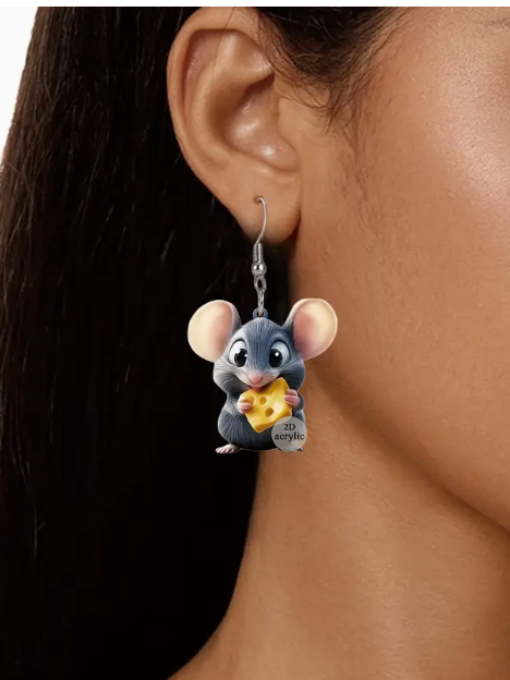 1 Pair Cute Cartoon Mouse Earrings with Cheese, 2D Acrylic Drop Dangle Earrings